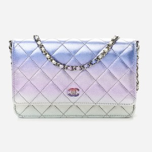 product image of CHANEL Gradient Metallic Calfskin Quilted Wallet On Chain WOC Silver Blue Yellow Purple at FASHIONPHILE