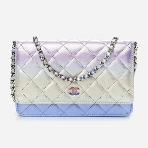 product image of CHANEL Gradient Metallic Calfskin Quilted Wallet On Chain WOC Silver Blue Yellow Purple at FASHIONPHILE