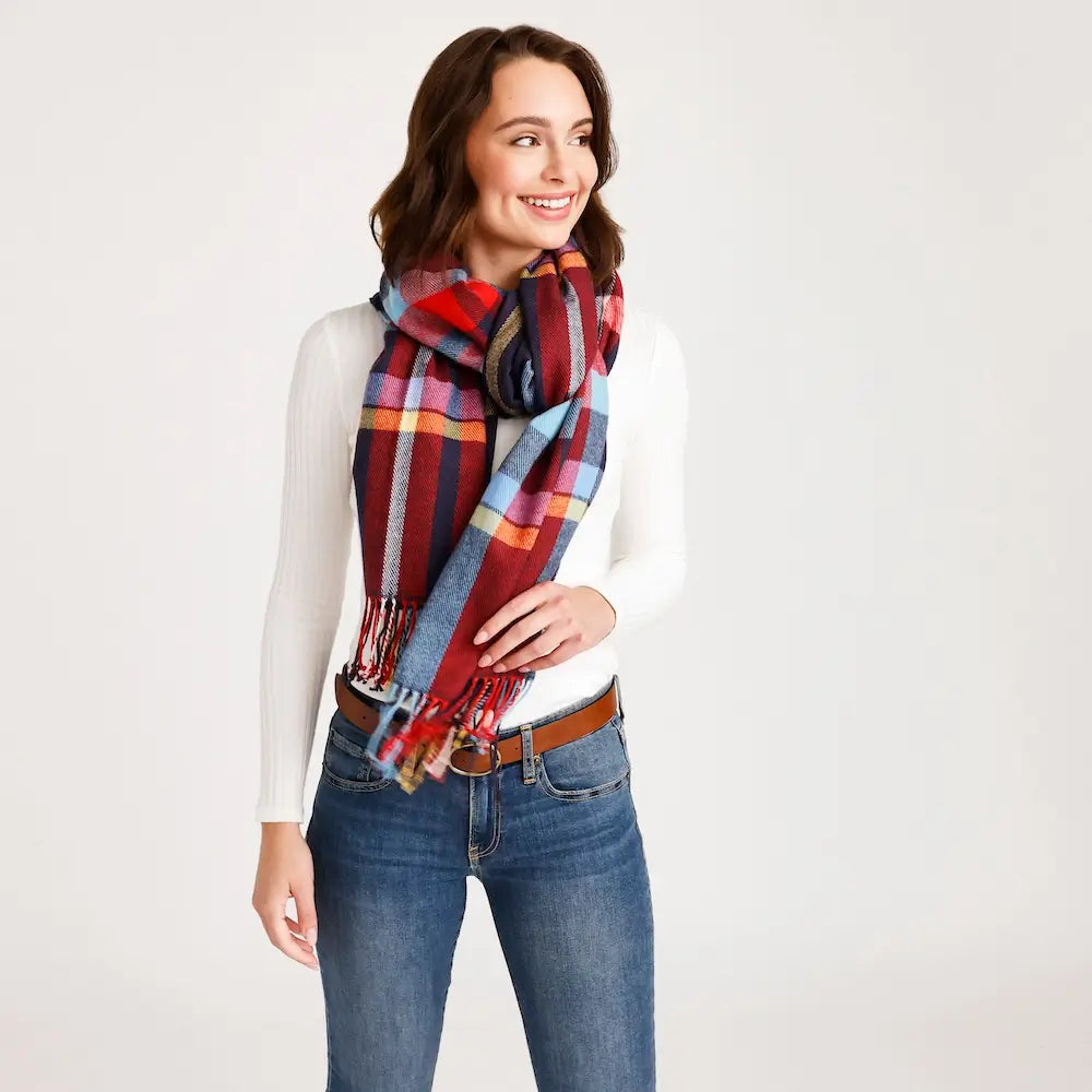 Model wearing plaid Vera Bradley scarf